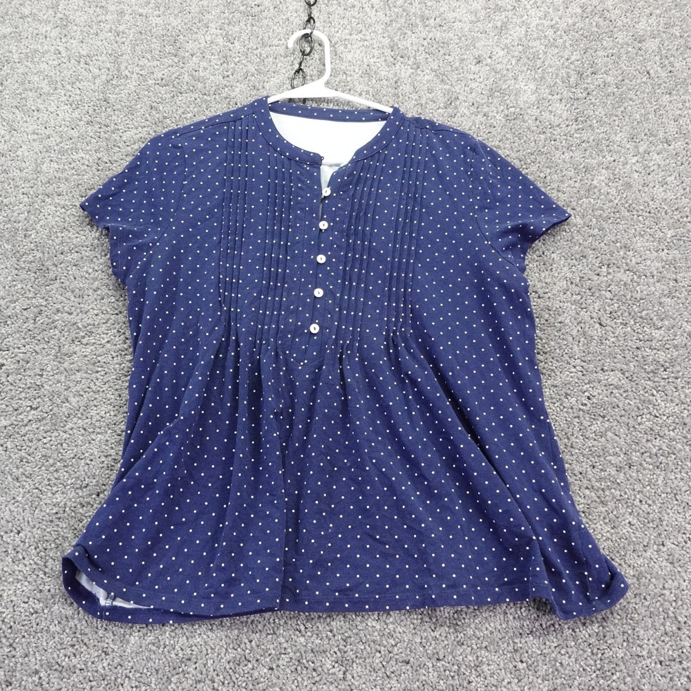 Lands End Henley Top Womens Medium Blue Polka Dot Short Sleeve Pleated Cotton